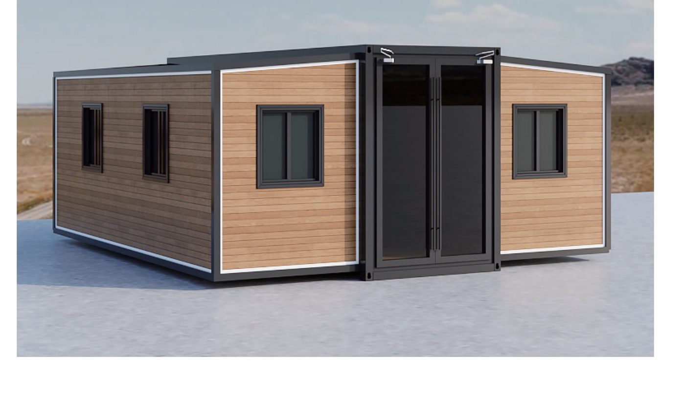 20ft expandable container house with dark timber-look cladding, opened