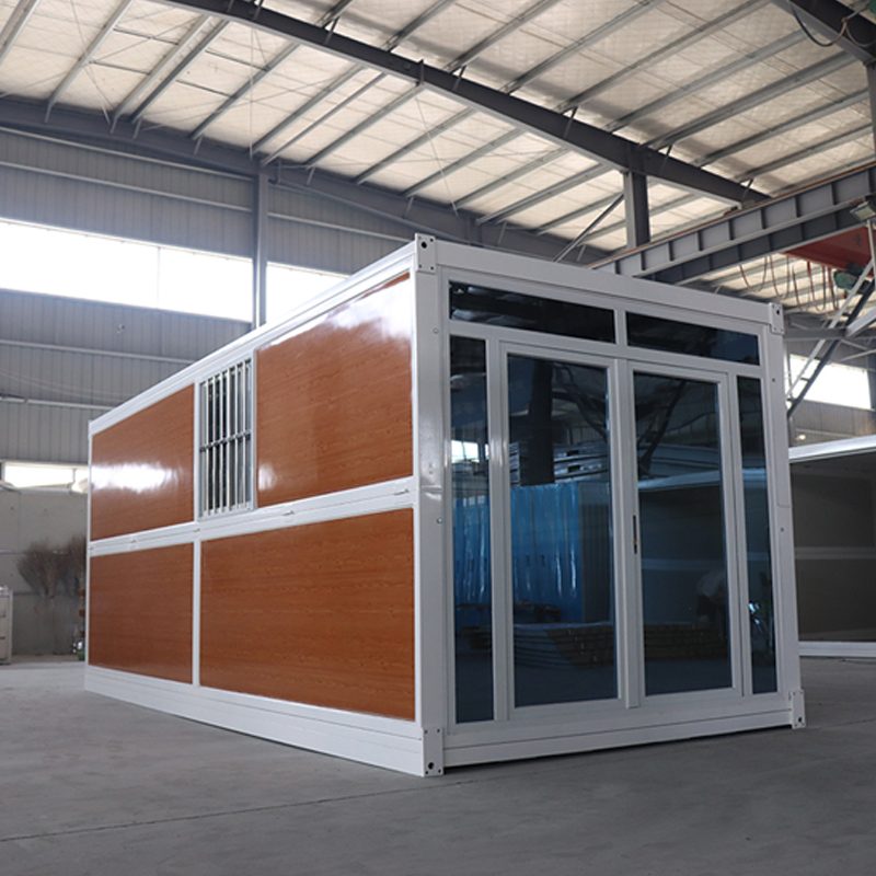 Wood-grain folding cabin with full-height glass curtain wall